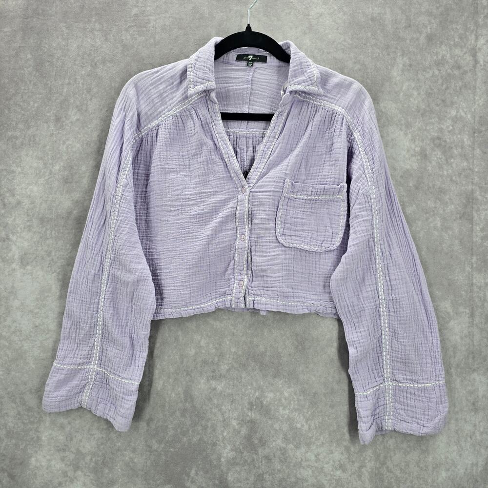 7 for all Mankind Purple Long Sleeve Stitched Crop Button Cotton Top Medium‎
